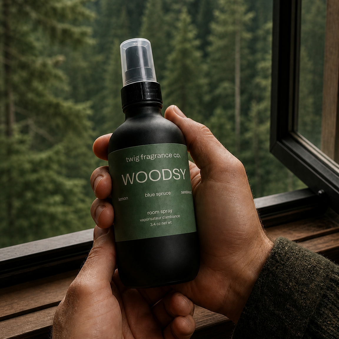 Person holding a bottle of 'Woodsy' product with a forest view in the background